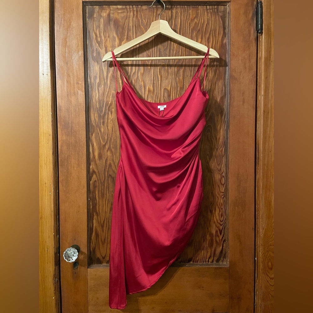 Garage Red Cowl Neck Asymmetrical Ruched Dress
